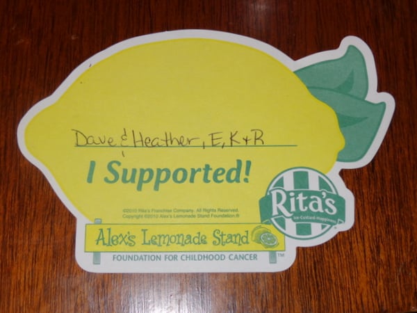 Rita's Water Ice and ALex's Lemonade Stand team up. Buy a paper lemon, donate $1