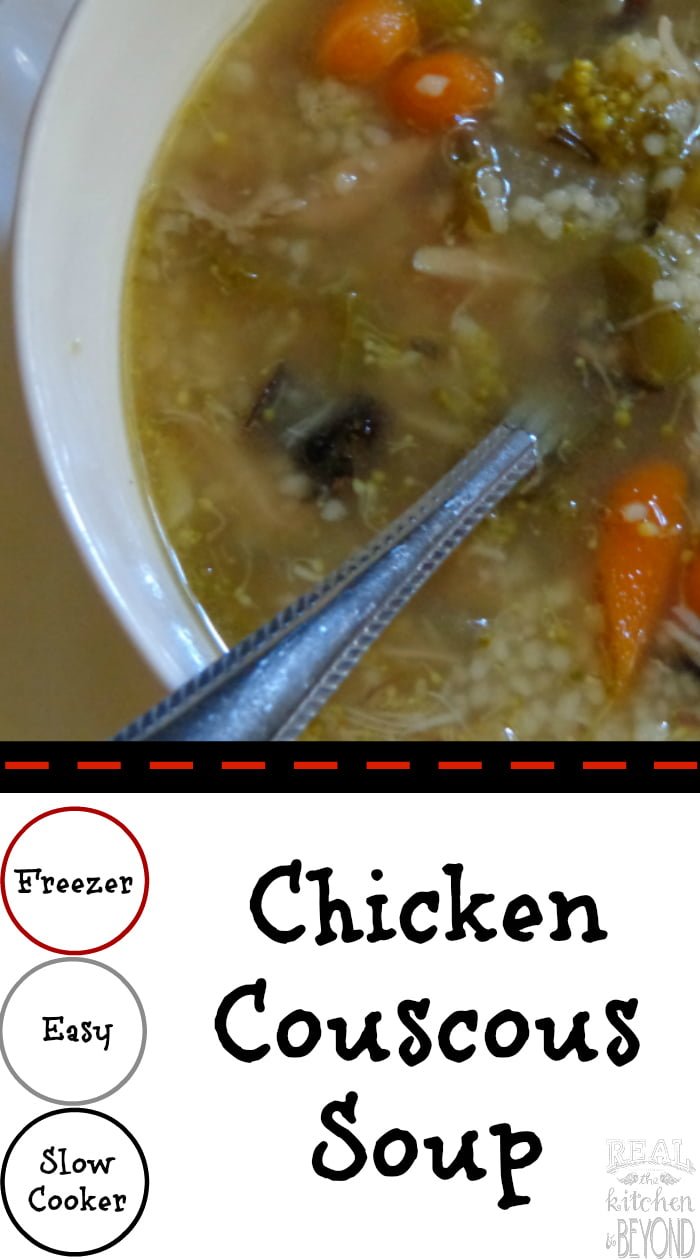 Chicken Couscous Soup is a quick easy slowcooker meal that also makes a great freezer meal recipe | www.realthekitchenandbeyond.com