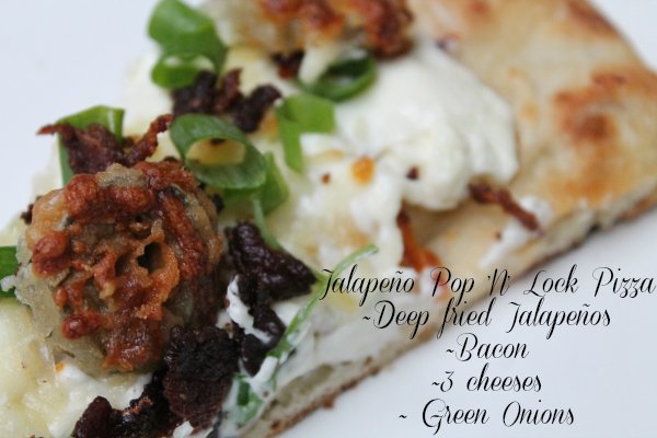 jalapeno pop n lock pizza, deep fried jalapenos, bacon, 3 cheese, green onions