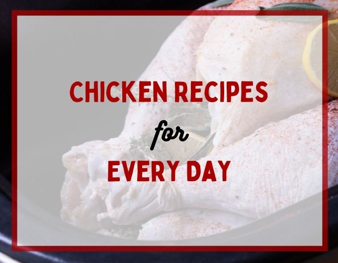 whole chicken stuffed with herbs with white overlay and text: chicken recipes for every day